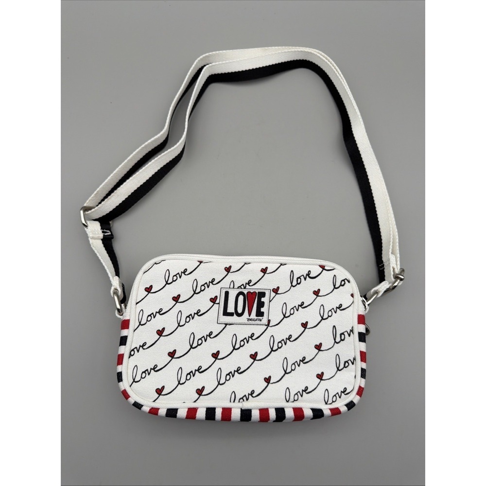 BRIGHTON Love Scroll Canvas Crossbody Bag Purse White Red Black Hearts NWOT